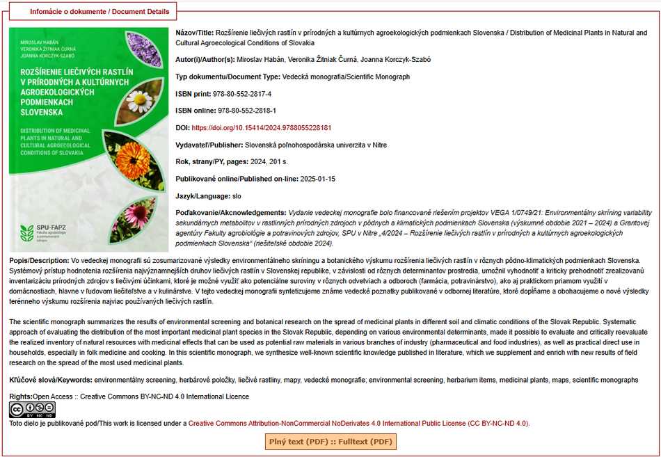 Landing page publikácie SPU pre DOI